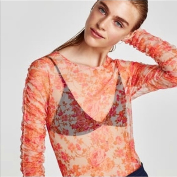 Zara floral ruched mesh blouse - Picture 5 of 5